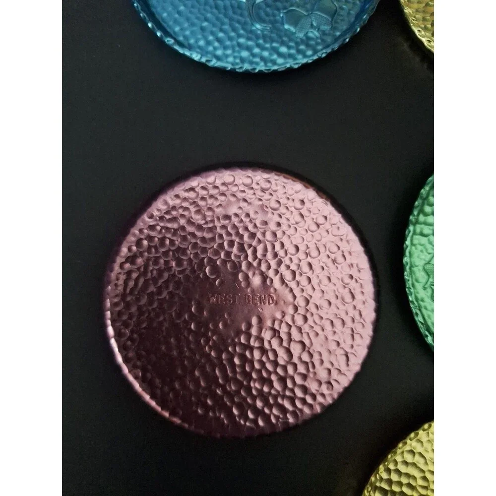 West Bend Aluminum Set of 7 Hammered Leaf and Acorn Color Glo Coasters W/Box